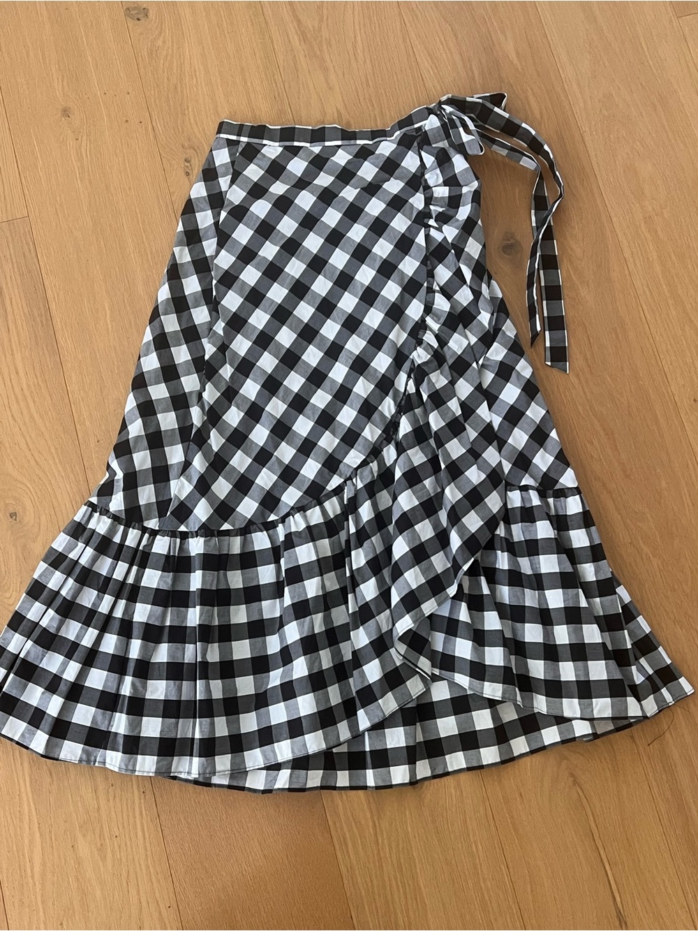 J. Crew Black and White Gingham Wrap Maxi Skirt with Ruffle Hem 0 NWOT